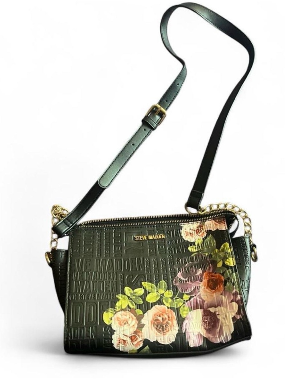 Steve Madden Black Floral Embossed Crossbody Bag with Gold Chain